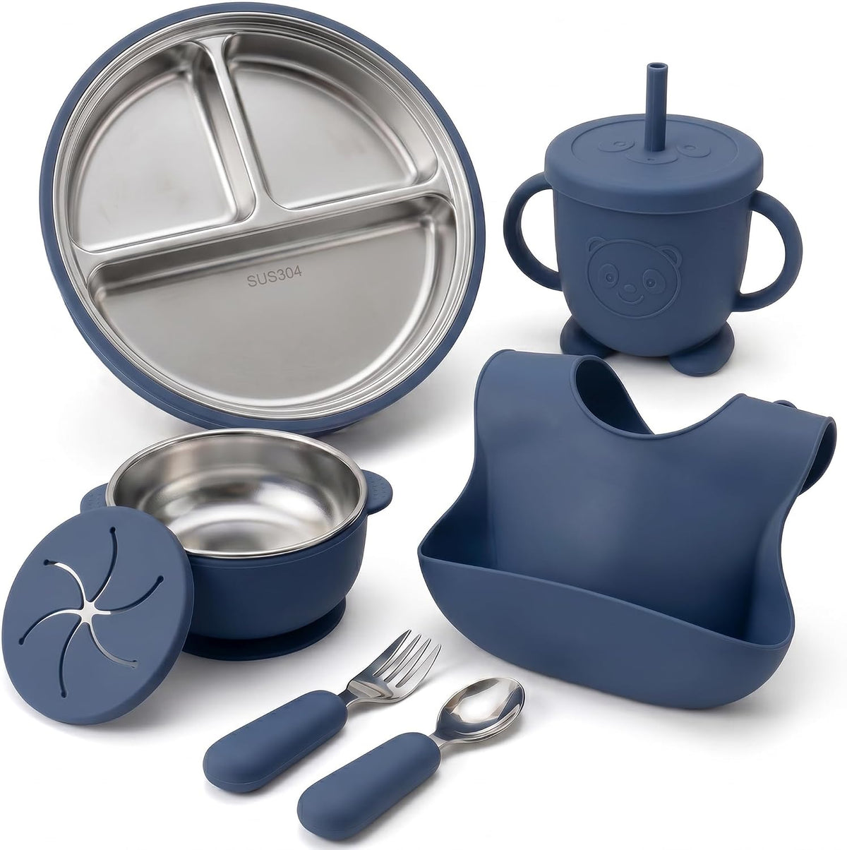 Stainless Steel & Silicone Toddler Feeding Set, 7 Piece Kids Dinnerware with Divided Plate, Bowl, Training Cup with Straw, Bib, Fork and Spoon, BPA‑Free, Food‑Grade for Children (Color Green)
