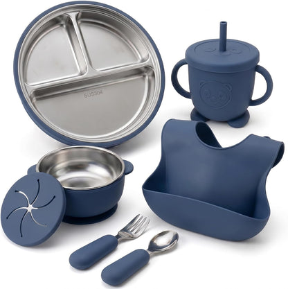 Stainless Steel & Silicone Toddler Feeding Set, 7 Piece Kids Dinnerware with Divided Plate, Bowl, Training Cup with Straw, Bib, Fork and Spoon, BPA‑Free, Food‑Grade for Children (Color Green)