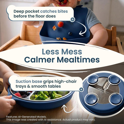 Stainless Steel & Silicone Toddler Feeding Set, 7 Piece Kids Dinnerware with Divided Plate, Bowl, Training Cup with Straw, Bib, Fork and Spoon, BPA‑Free, Food‑Grade for Children (Color Green)