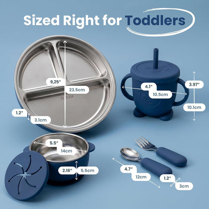 Stainless Steel & Silicone Toddler Feeding Set, 7 Piece Kids Dinnerware with Divided Plate, Bowl, Training Cup with Straw, Bib, Fork and Spoon, BPA‑Free, Food‑Grade for Children (Color Green)
