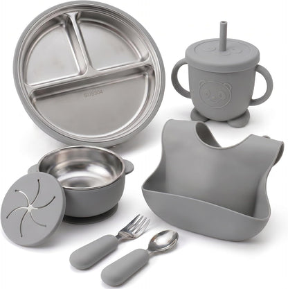 Stainless Steel & Silicone Toddler Feeding Set, 7 Piece Kids Dinnerware with Divided Plate, Bowl, Training Cup with Straw, Bib, Fork and Spoon, BPA‑Free, Food‑Grade for Children (Color Green)
