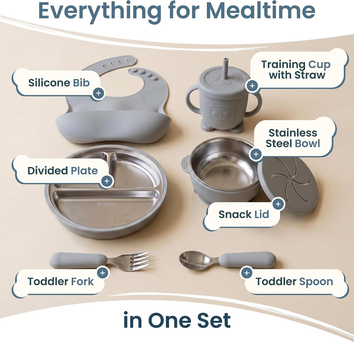 Stainless Steel & Silicone Toddler Feeding Set, 7 Piece Kids Dinnerware with Divided Plate, Bowl, Training Cup with Straw, Bib, Fork and Spoon, BPA‑Free, Food‑Grade for Children (Color Green)