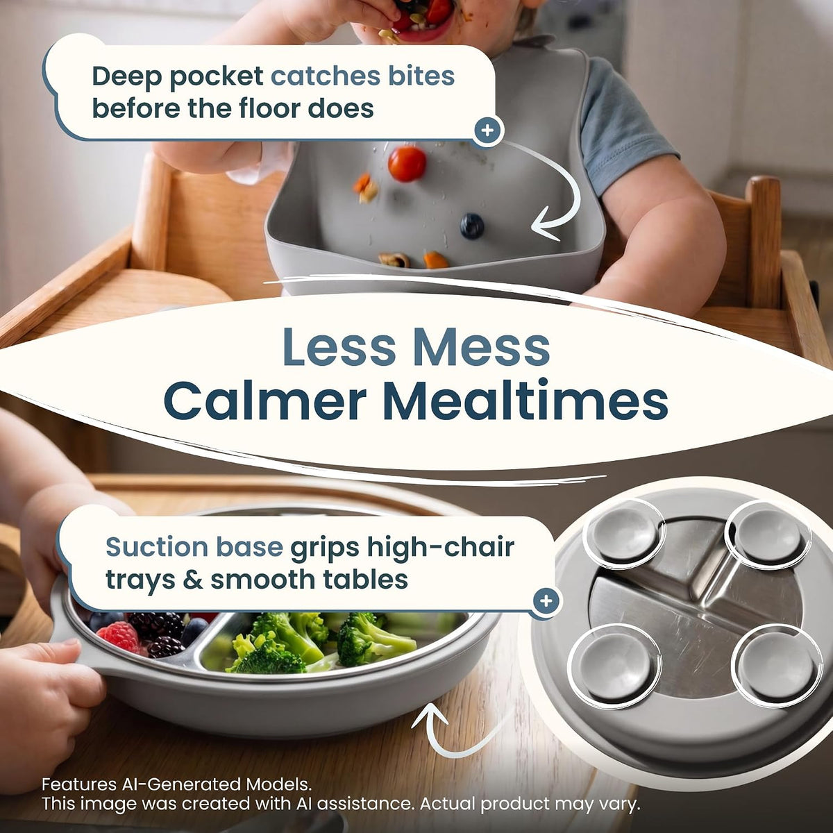 Stainless Steel & Silicone Toddler Feeding Set, 7 Piece Kids Dinnerware with Divided Plate, Bowl, Training Cup with Straw, Bib, Fork and Spoon, BPA‑Free, Food‑Grade for Children (Color Green)