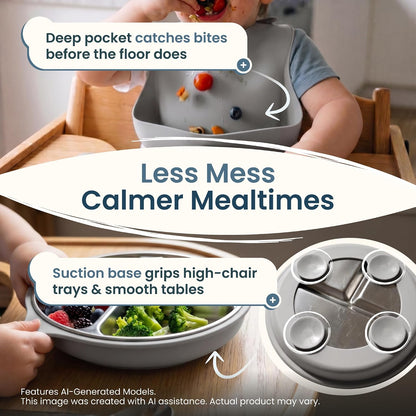 Stainless Steel & Silicone Toddler Feeding Set, 7 Piece Kids Dinnerware with Divided Plate, Bowl, Training Cup with Straw, Bib, Fork and Spoon, BPA‑Free, Food‑Grade for Children (Color Green)