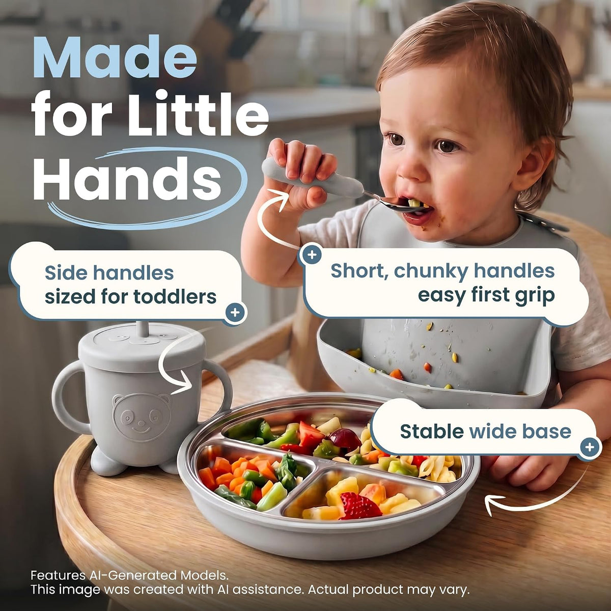 Stainless Steel & Silicone Toddler Feeding Set, 7 Piece Kids Dinnerware with Divided Plate, Bowl, Training Cup with Straw, Bib, Fork and Spoon, BPA‑Free, Food‑Grade for Children (Color Green)