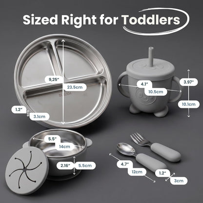 Stainless Steel & Silicone Toddler Feeding Set, 7 Piece Kids Dinnerware with Divided Plate, Bowl, Training Cup with Straw, Bib, Fork and Spoon, BPA‑Free, Food‑Grade for Children (Color Green)