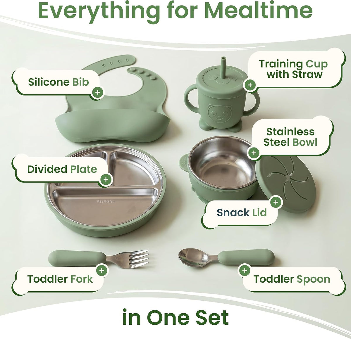 Stainless Steel & Silicone Toddler Feeding Set, 7 Piece Kids Dinnerware with Divided Plate, Bowl, Training Cup with Straw, Bib, Fork and Spoon, BPA‑Free, Food‑Grade for Children (Color Green)