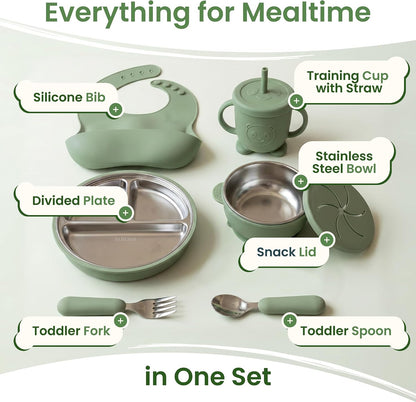 Stainless Steel & Silicone Toddler Feeding Set, 7 Piece Kids Dinnerware with Divided Plate, Bowl, Training Cup with Straw, Bib, Fork and Spoon, BPA‑Free, Food‑Grade for Children (Color Green)