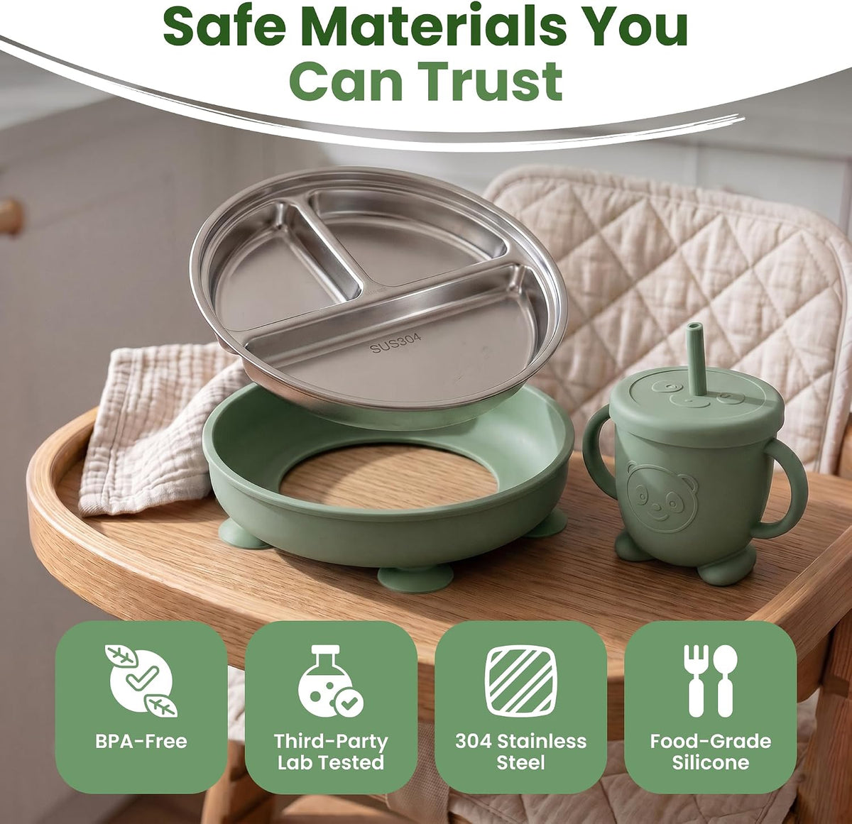 Stainless Steel & Silicone Toddler Feeding Set, 7 Piece Kids Dinnerware with Divided Plate, Bowl, Training Cup with Straw, Bib, Fork and Spoon, BPA‑Free, Food‑Grade for Children (Color Green)