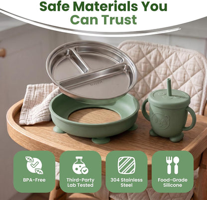 Stainless Steel & Silicone Toddler Feeding Set, 7 Piece Kids Dinnerware with Divided Plate, Bowl, Training Cup with Straw, Bib, Fork and Spoon, BPA‑Free, Food‑Grade for Children (Color Green)