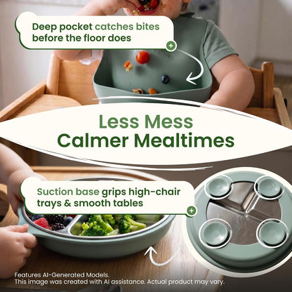 Stainless Steel & Silicone Toddler Feeding Set, 7 Piece Kids Dinnerware with Divided Plate, Bowl, Training Cup with Straw, Bib, Fork and Spoon, BPA‑Free, Food‑Grade for Children (Color Green)
