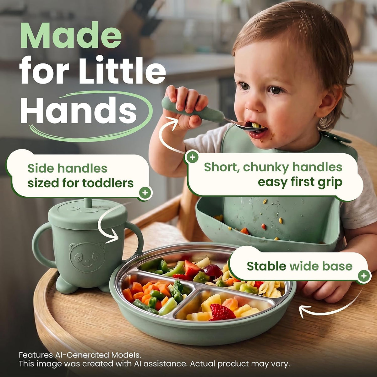 Stainless Steel & Silicone Toddler Feeding Set, 7 Piece Kids Dinnerware with Divided Plate, Bowl, Training Cup with Straw, Bib, Fork and Spoon, BPA‑Free, Food‑Grade for Children (Color Green)
