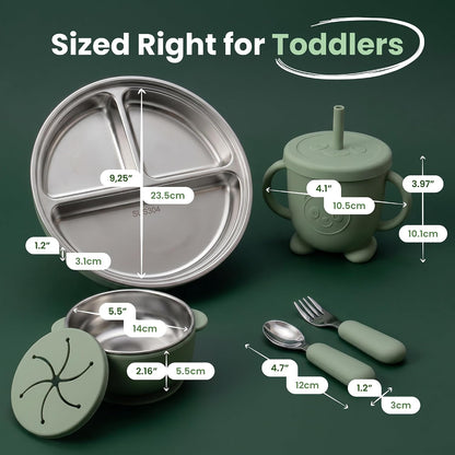 Stainless Steel & Silicone Toddler Feeding Set, 7 Piece Kids Dinnerware with Divided Plate, Bowl, Training Cup with Straw, Bib, Fork and Spoon, BPA‑Free, Food‑Grade for Children (Color Green)