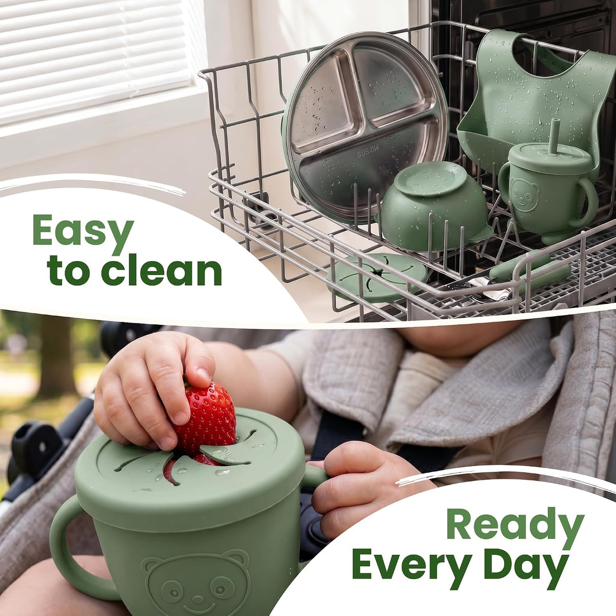 Stainless Steel & Silicone Toddler Feeding Set, 7 Piece Kids Dinnerware with Divided Plate, Bowl, Training Cup with Straw, Bib, Fork and Spoon, BPA‑Free, Food‑Grade for Children (Color Green)