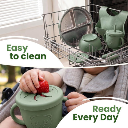 Stainless Steel & Silicone Toddler Feeding Set, 7 Piece Kids Dinnerware with Divided Plate, Bowl, Training Cup with Straw, Bib, Fork and Spoon, BPA‑Free, Food‑Grade for Children (Color Green)