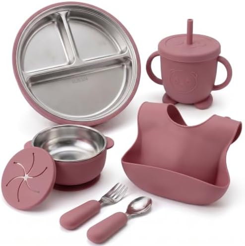 Stainless Steel & Silicone Toddler Feeding Set, 7 Piece Kids Dinnerware with Divided Plate, Bowl, Training Cup with Straw, Bib, Fork and Spoon, BPA‑Free, Food‑Grade for Children (Color Green)