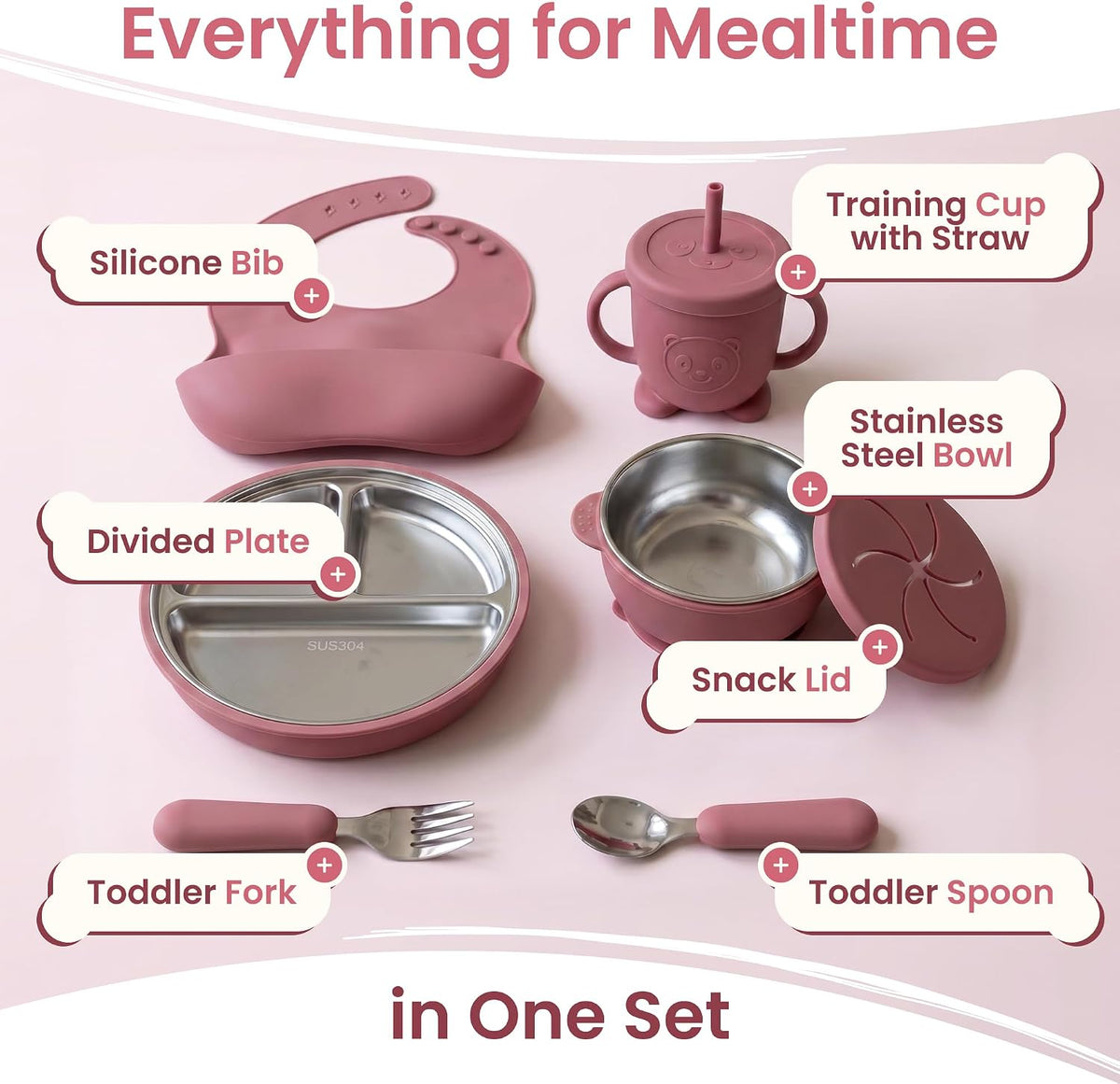 Stainless Steel & Silicone Toddler Feeding Set, 7 Piece Kids Dinnerware with Divided Plate, Bowl, Training Cup with Straw, Bib, Fork and Spoon, BPA‑Free, Food‑Grade for Children (Color Green)
