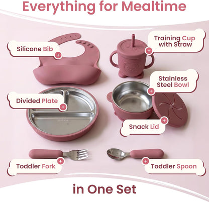 Stainless Steel & Silicone Toddler Feeding Set, 7 Piece Kids Dinnerware with Divided Plate, Bowl, Training Cup with Straw, Bib, Fork and Spoon, BPA‑Free, Food‑Grade for Children (Color Green)