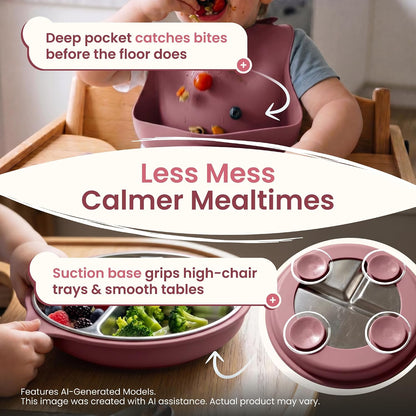 Stainless Steel & Silicone Toddler Feeding Set, 7 Piece Kids Dinnerware with Divided Plate, Bowl, Training Cup with Straw, Bib, Fork and Spoon, BPA‑Free, Food‑Grade for Children (Color Green)
