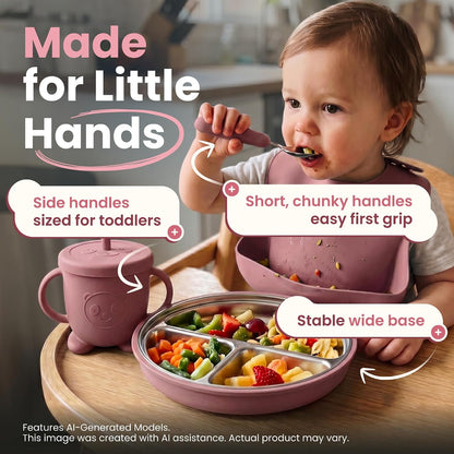 Stainless Steel & Silicone Toddler Feeding Set, 7 Piece Kids Dinnerware with Divided Plate, Bowl, Training Cup with Straw, Bib, Fork and Spoon, BPA‑Free, Food‑Grade for Children (Color Green)