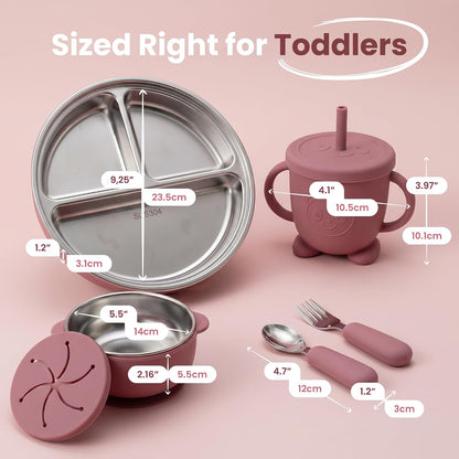 Stainless Steel & Silicone Toddler Feeding Set, 7 Piece Kids Dinnerware with Divided Plate, Bowl, Training Cup with Straw, Bib, Fork and Spoon, BPA‑Free, Food‑Grade for Children (Color Green)