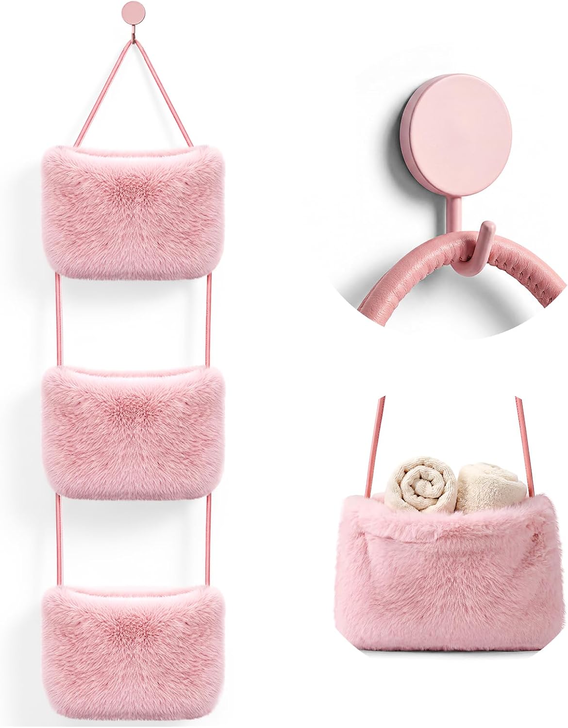 3-tier Fuzzy Plush Hanging Basket Over-Door Organizer with Hook
