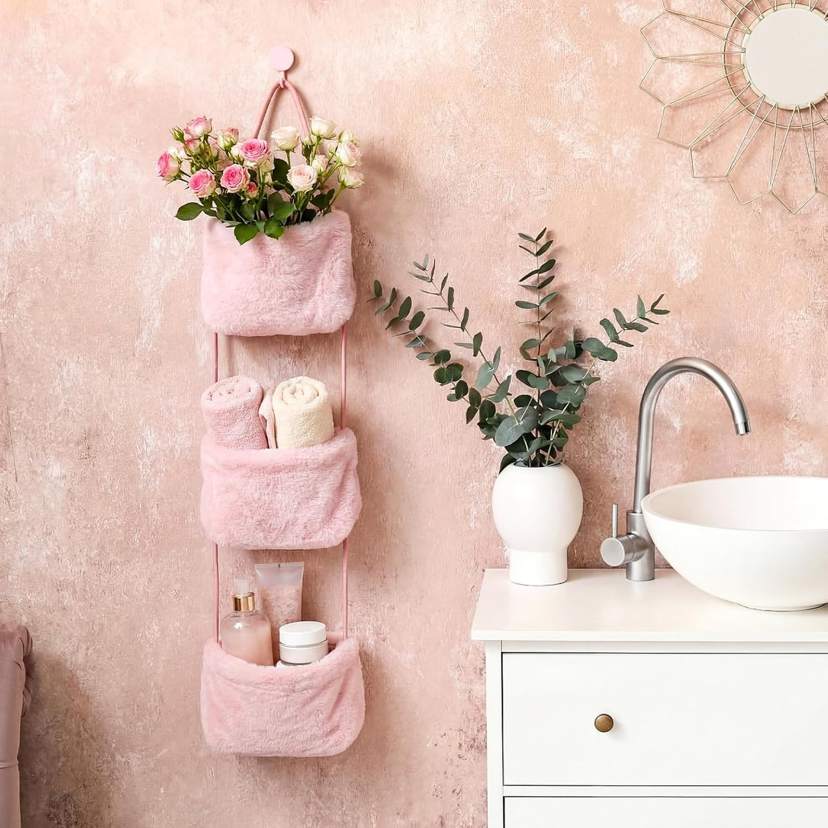 3-tier Fuzzy Plush Hanging Basket Over-Door Organizer with Hook