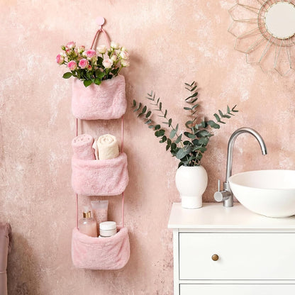 3-tier Fuzzy Plush Hanging Basket Over-Door Organizer with Hook