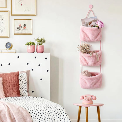 3-tier Fuzzy Plush Hanging Basket Over-Door Organizer with Hook