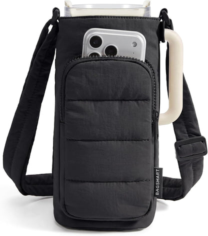 40oz Water Bottle Holder with Strap, Quilted Gym Accessories | Magnetic or Classic Design, Lightweiht Tumbler Drink Carrier, Quilted Crossbody Purse