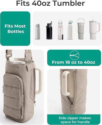40oz Water Bottle Holder with Strap, Quilted Gym Accessories | Magnetic or Classic Design, Lightweiht Tumbler Drink Carrier, Quilted Crossbody Purse