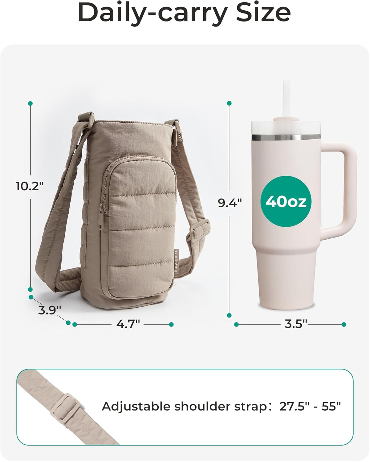 40oz Water Bottle Holder with Strap, Quilted Gym Accessories | Magnetic or Classic Design, Lightweiht Tumbler Drink Carrier, Quilted Crossbody Purse
