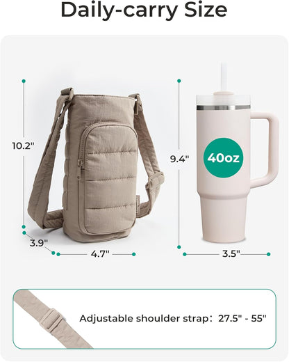 40oz Water Bottle Holder with Strap, Quilted Gym Accessories | Magnetic or Classic Design, Lightweiht Tumbler Drink Carrier, Quilted Crossbody Purse