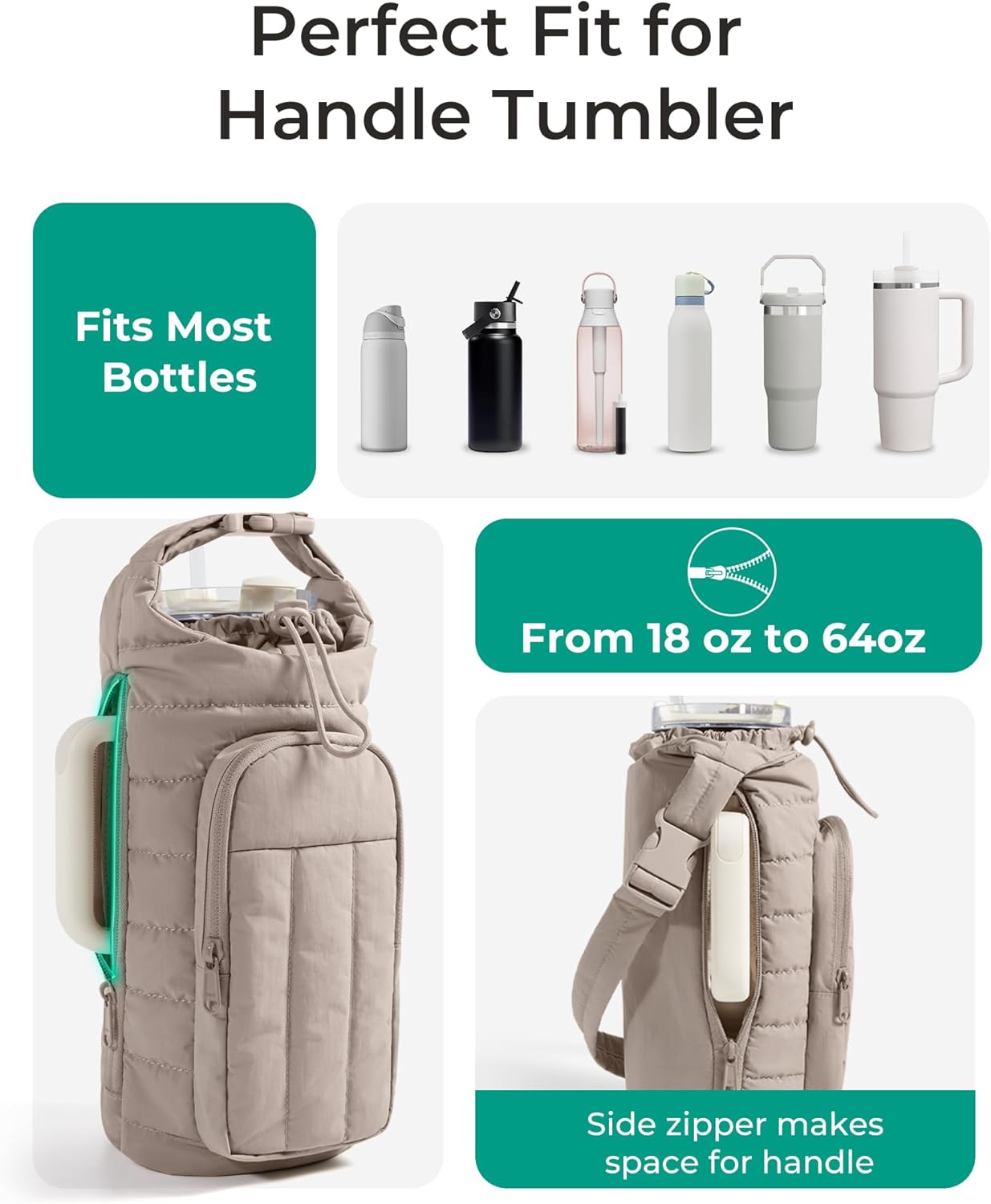 40oz Water Bottle Holder with Strap, Quilted Gym Accessories | Magnetic or Classic Design, Lightweiht Tumbler Drink Carrier, Quilted Crossbody Purse