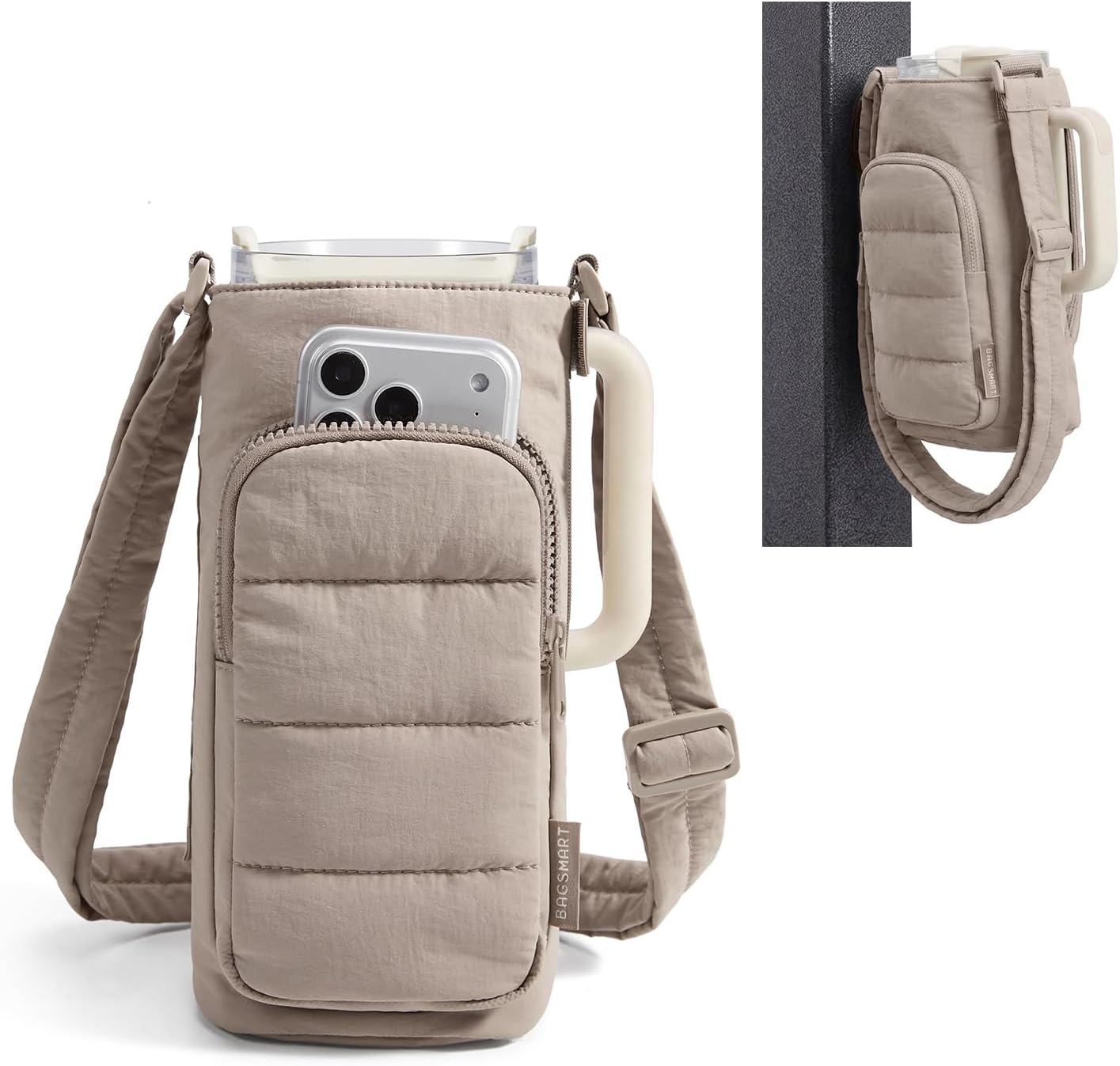 40oz Water Bottle Holder with Strap, Quilted Gym Accessories | Magnetic or Classic Design, Lightweiht Tumbler Drink Carrier, Quilted Crossbody Purse