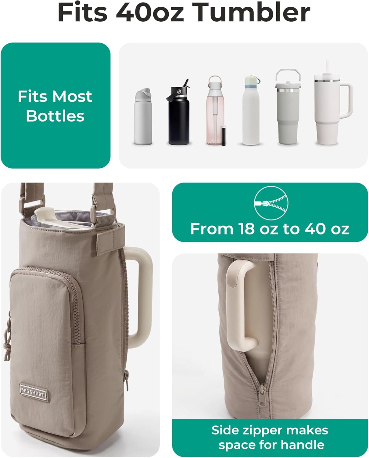 40oz Water Bottle Holder with Strap, Quilted Gym Accessories | Magnetic or Classic Design, Lightweiht Tumbler Drink Carrier, Quilted Crossbody Purse