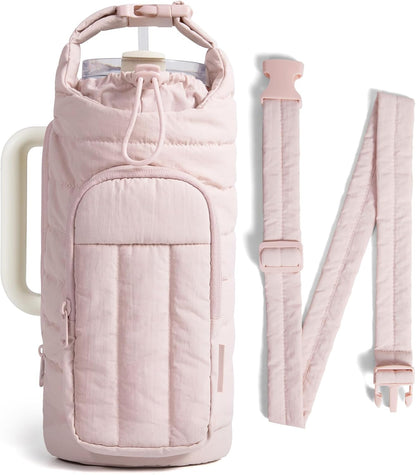 40oz Water Bottle Holder with Strap, Quilted Gym Accessories | Magnetic or Classic Design, Lightweiht Tumbler Drink Carrier, Quilted Crossbody Purse