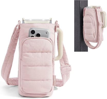 40oz Water Bottle Holder with Strap, Quilted Gym Accessories | Magnetic or Classic Design, Lightweiht Tumbler Drink Carrier, Quilted Crossbody Purse