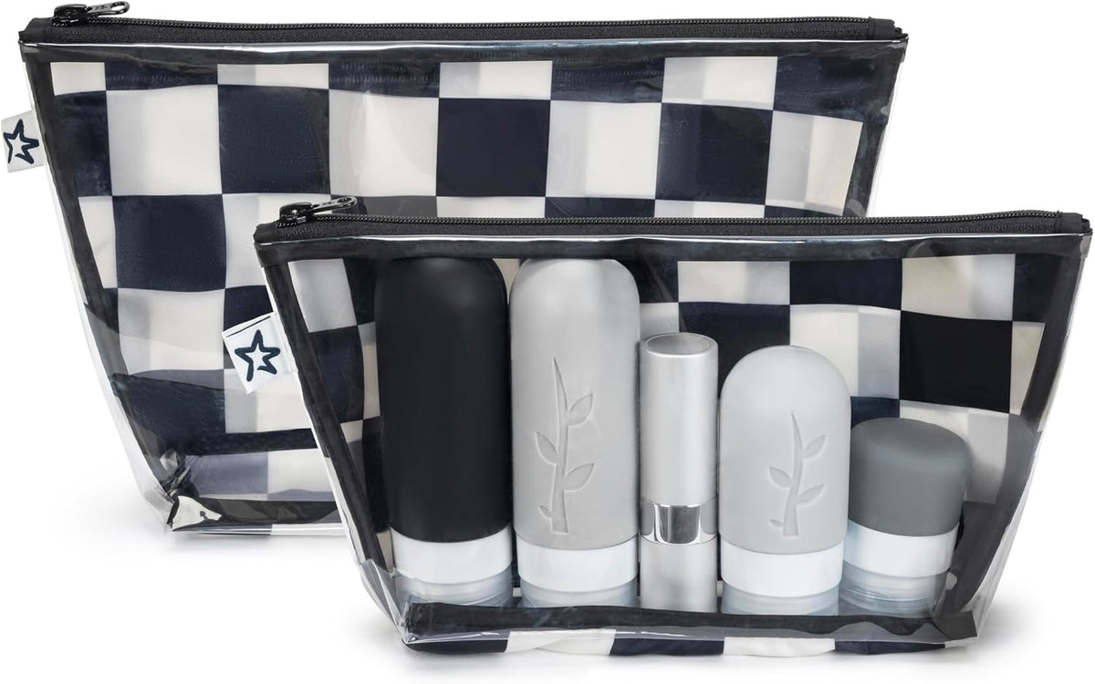 Diaper Bag Organizing Pouches | 2 Pack Mess-Proof Travel Organizer Bags with Structured Bottom & Clear Front | TSA Approved Toiletry Bag Set for Baby and Mom Essentials (Boho Rainbow)