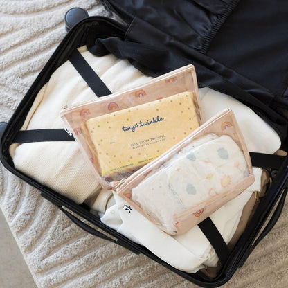Diaper Bag Organizing Pouches | 2 Pack Mess-Proof Travel Organizer Bags with Structured Bottom & Clear Front | TSA Approved Toiletry Bag Set for Baby and Mom Essentials (Boho Rainbow)