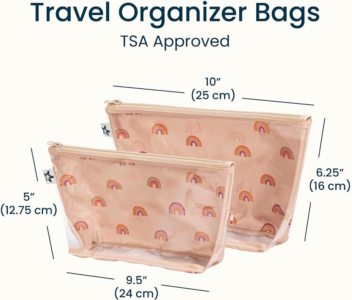 Diaper Bag Organizing Pouches | 2 Pack Mess-Proof Travel Organizer Bags with Structured Bottom & Clear Front | TSA Approved Toiletry Bag Set for Baby and Mom Essentials (Boho Rainbow)