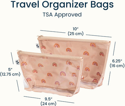 Diaper Bag Organizing Pouches | 2 Pack Mess-Proof Travel Organizer Bags with Structured Bottom & Clear Front | TSA Approved Toiletry Bag Set for Baby and Mom Essentials (Boho Rainbow)