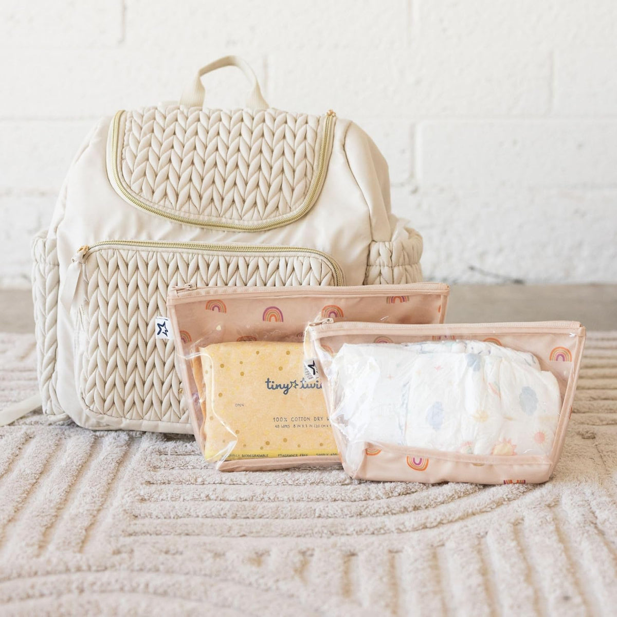 Diaper Bag Organizing Pouches | 2 Pack Mess-Proof Travel Organizer Bags with Structured Bottom & Clear Front | TSA Approved Toiletry Bag Set for Baby and Mom Essentials (Boho Rainbow)