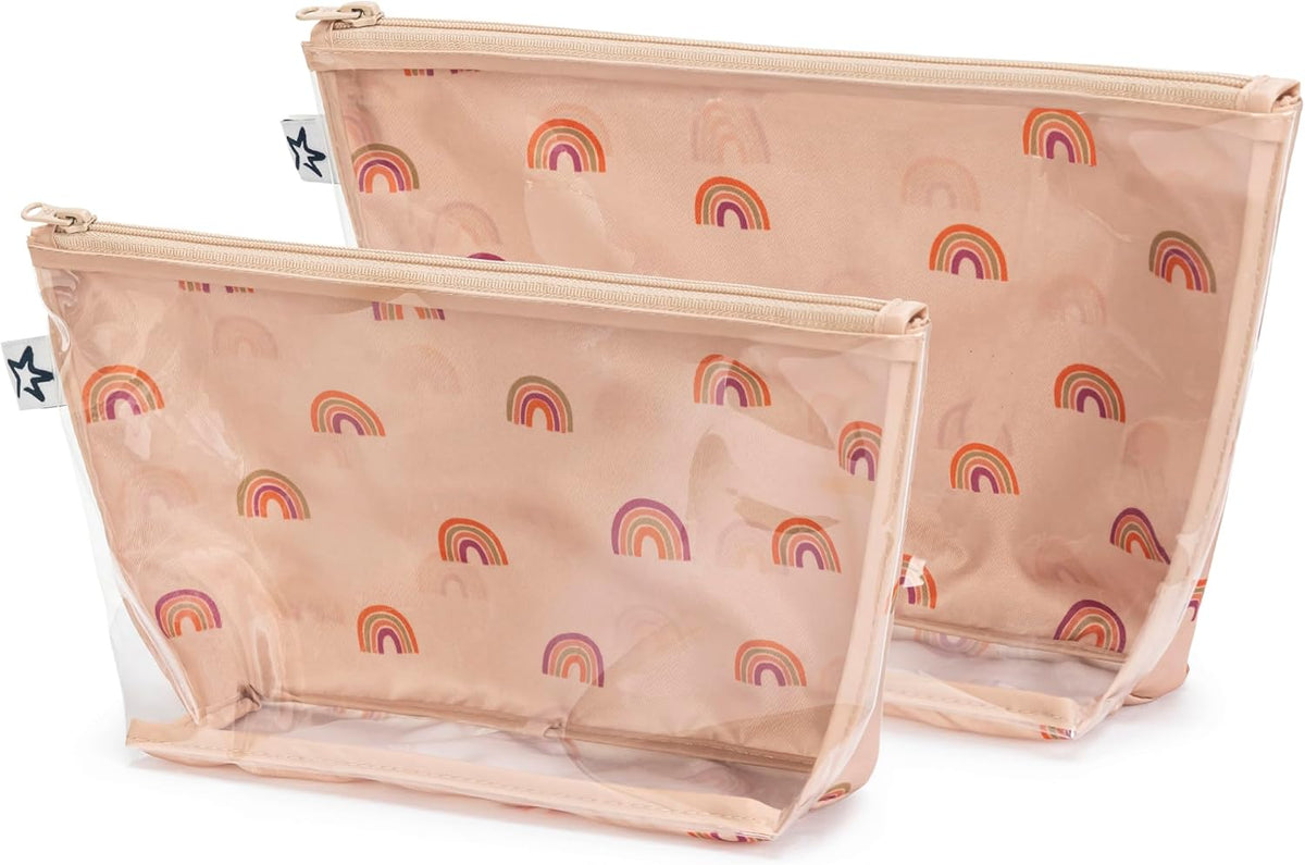 Diaper Bag Organizing Pouches | 2 Pack Mess-Proof Travel Organizer Bags with Structured Bottom & Clear Front | TSA Approved Toiletry Bag Set for Baby and Mom Essentials (Boho Rainbow)
