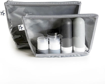 Diaper Bag Organizing Pouches | 2 Pack Mess-Proof Travel Organizer Bags with Structured Bottom & Clear Front | TSA Approved Toiletry Bag Set for Baby and Mom Essentials (Boho Rainbow)