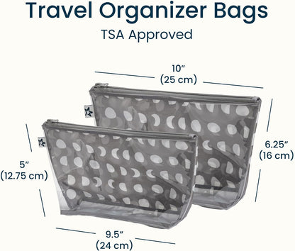Diaper Bag Organizing Pouches | 2 Pack Mess-Proof Travel Organizer Bags with Structured Bottom & Clear Front | TSA Approved Toiletry Bag Set for Baby and Mom Essentials (Boho Rainbow)