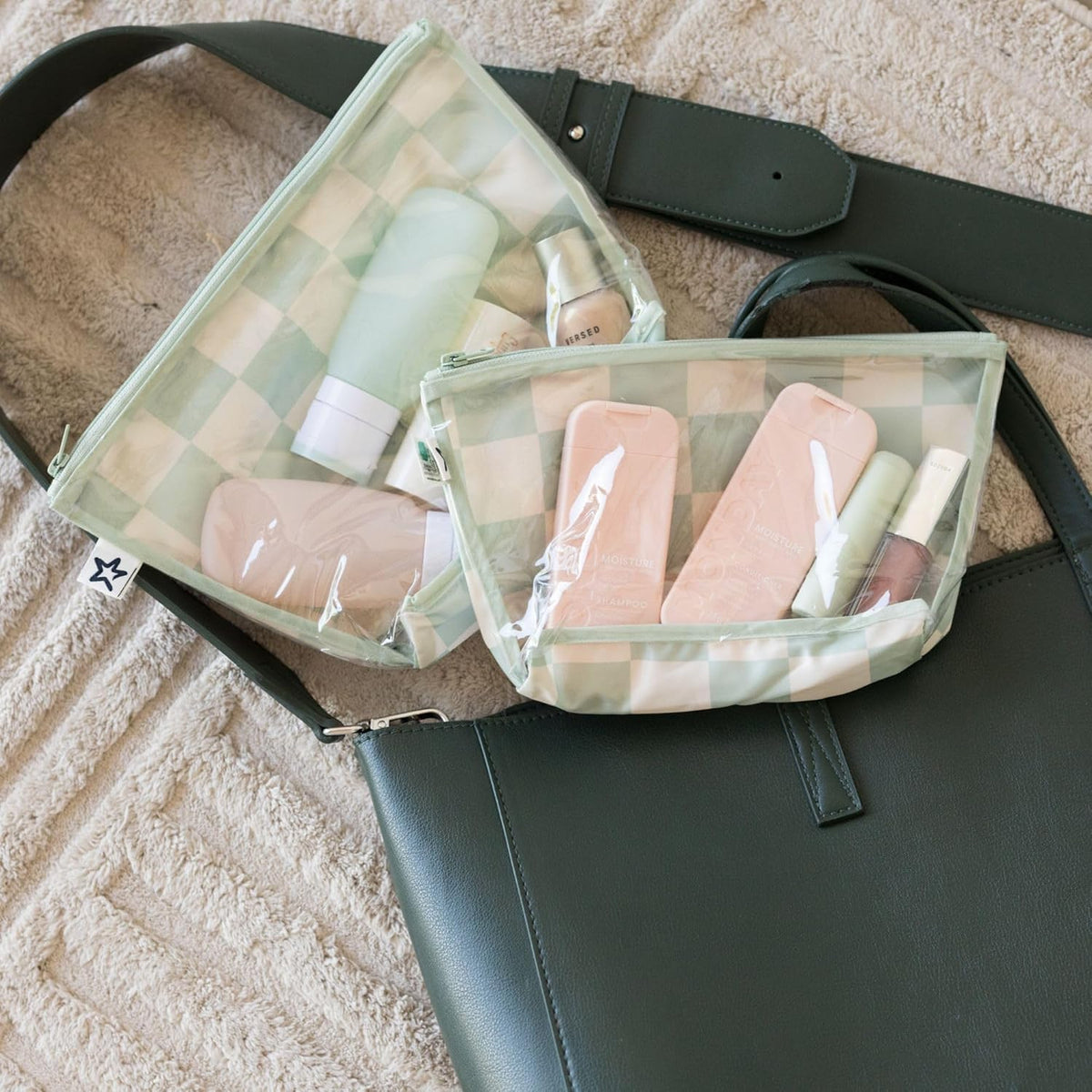 Diaper Bag Organizing Pouches | 2 Pack Mess-Proof Travel Organizer Bags with Structured Bottom & Clear Front | TSA Approved Toiletry Bag Set for Baby and Mom Essentials (Boho Rainbow)