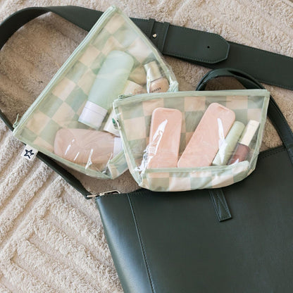 Diaper Bag Organizing Pouches | 2 Pack Mess-Proof Travel Organizer Bags with Structured Bottom & Clear Front | TSA Approved Toiletry Bag Set for Baby and Mom Essentials (Boho Rainbow)