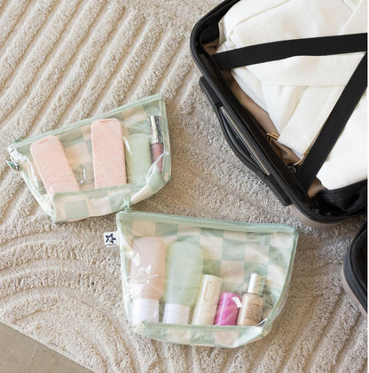 Diaper Bag Organizing Pouches | 2 Pack Mess-Proof Travel Organizer Bags with Structured Bottom & Clear Front | TSA Approved Toiletry Bag Set for Baby and Mom Essentials (Boho Rainbow)