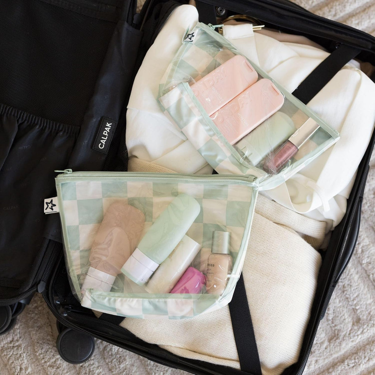 Diaper Bag Organizing Pouches | 2 Pack Mess-Proof Travel Organizer Bags with Structured Bottom & Clear Front | TSA Approved Toiletry Bag Set for Baby and Mom Essentials (Boho Rainbow)